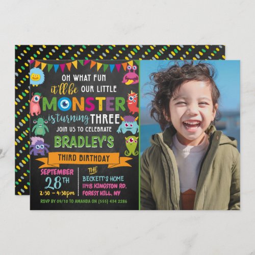 Little Monster Chalkboard 3rd Birthday Photo Invitation