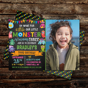 Little Monster Chalkboard 3rd Birthday Photo Invitation