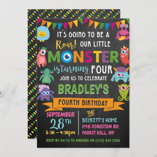 Little Monster Chalkboard 4th Birthday Invitation