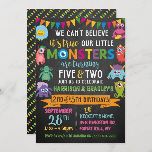 Little Monster Chalkboard 5th  2nd Joint Birthday Invitation
