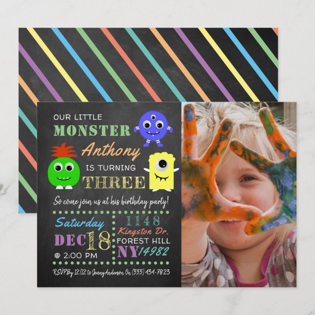 Little Monster Chalkboard Any Age Birthday Photo Invitation (Front/Back)