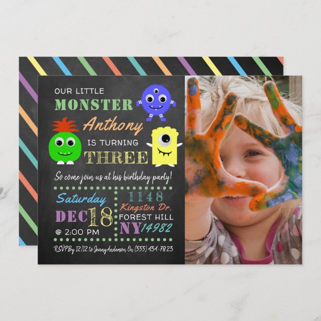 Little Monster Chalkboard Any Age Birthday Photo Invitation (Front/Back)