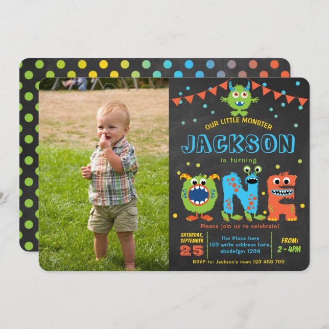 Little Monster chalkboard boy 1st birthday photo Invitation (Front/Back)