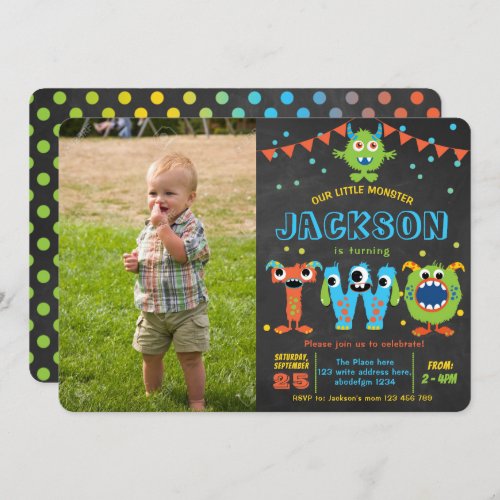 Little Monster chalkboard boy 2nd birthday photo Invitation