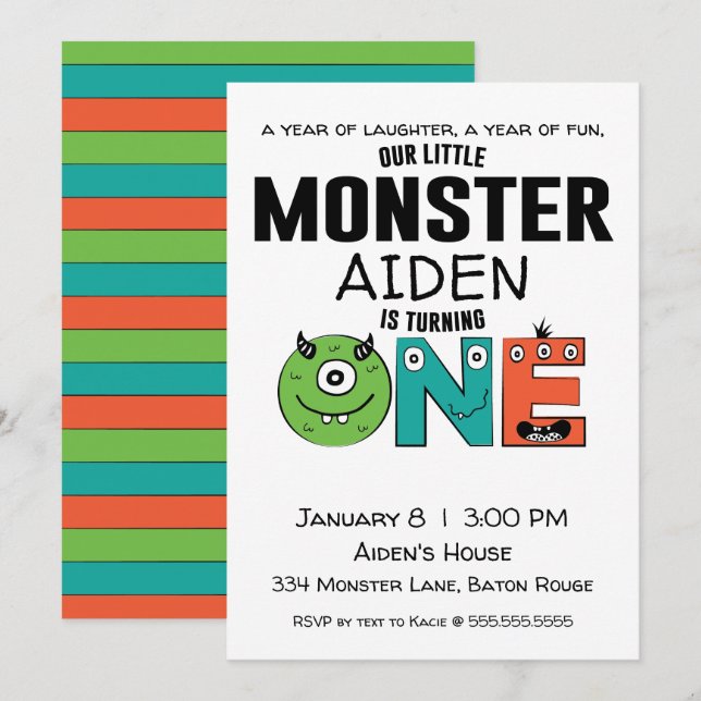 Little Monster First Birthday Invitation (Front/Back)