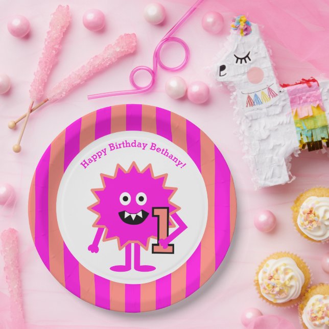 Little Monster Girl 1st Birthday Pink Stripes Cute Paper Plates (Party)