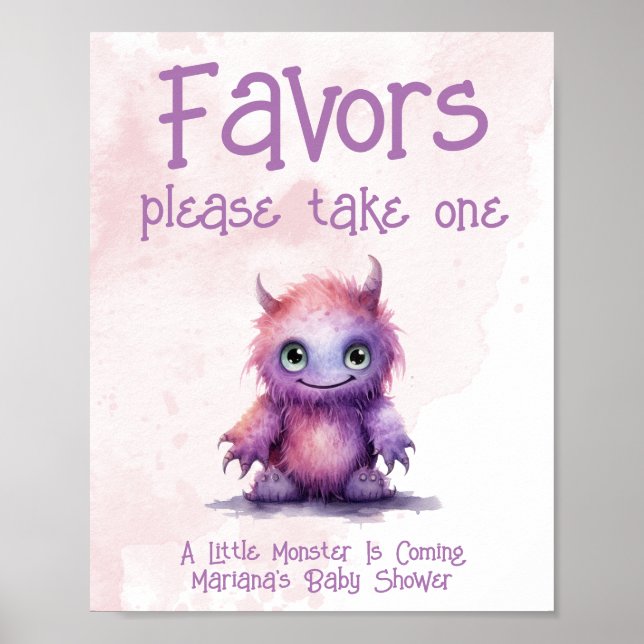 Little Monster Girl Baby Shower Favors Sign (Front)