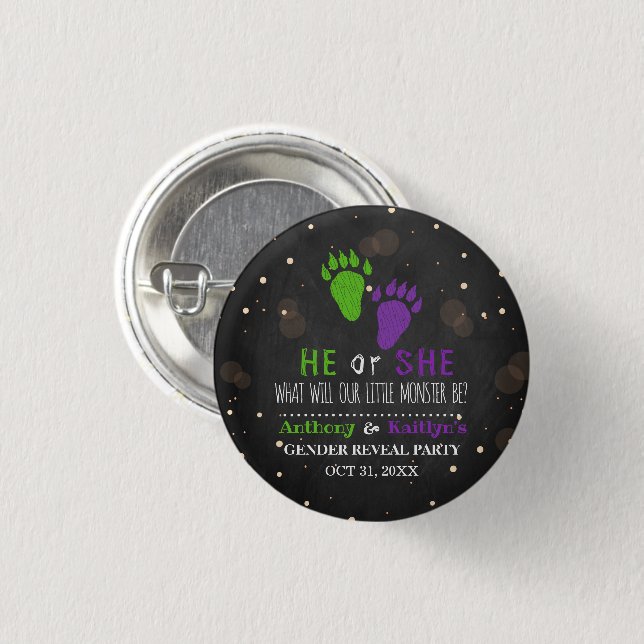 Little Monster Halloween Gender Reveal Party Button (Front & Back)
