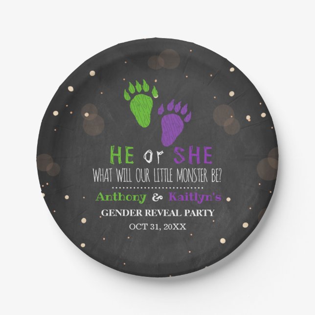 Little Monster Halloween Gender Reveal Party Paper Plates (Front)