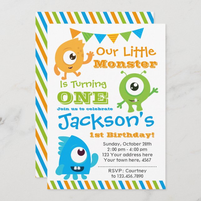 Little Monster Invitation, 1st birthday party Invitation (Front/Back)