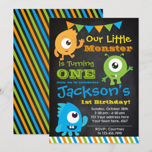Little Monster Invitation, Chalkboard Invitation (Front/Back)