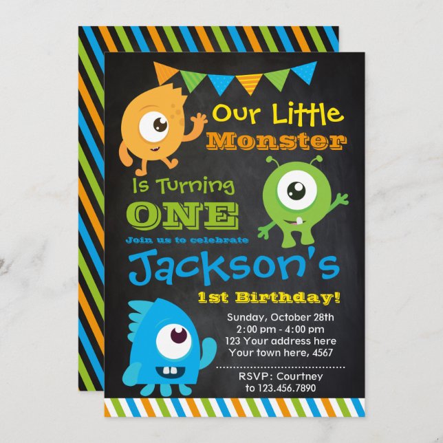 Little Monster Invitation, Chalkboard Invitation (Front/Back)