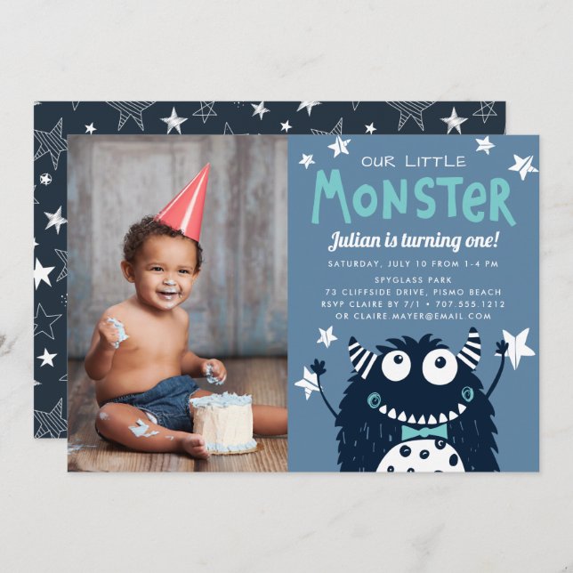 Little Monster Kids Birthday Party Photo Invitation (Front/Back)
