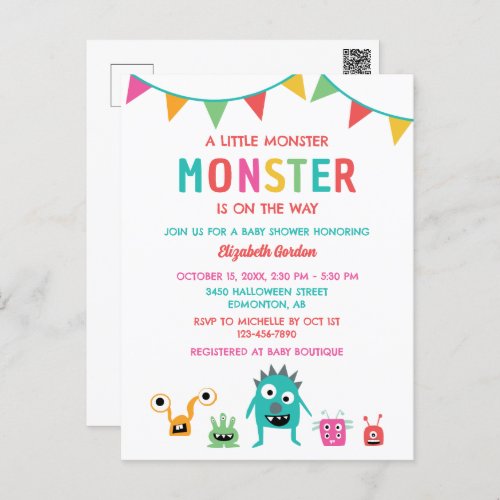 Little Monster on the way Baby Shower Halloween  Postcard