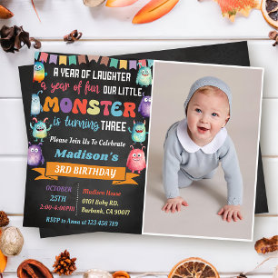 Little Monster Themed 3rd Birthday Party Photo Invitation