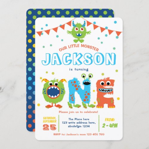 Little Monster themed boy 1st birthday Invitation
