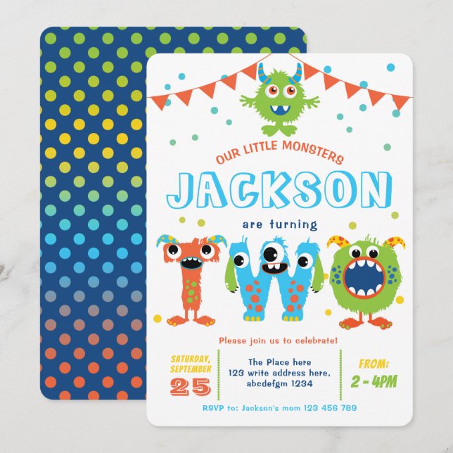 Little Monster themed twins boy 2nd birthday Invitation (Front/Back)