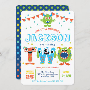 Little Monster themed twins boy 2nd birthday Invitation