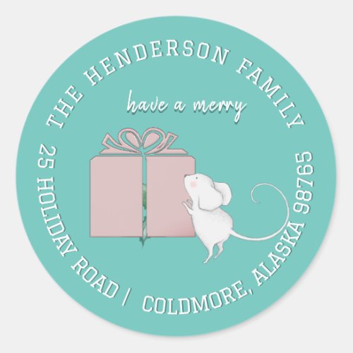 Little Mouse with Holly and Gift Return Address  C Classic Round Sticker