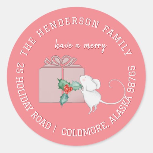 Little Mouse with Holly and Gift Return Address  Classic Round Sticker