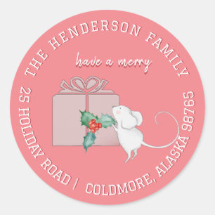 Little Mouse with Holly and Gift Return Address  Classic Round Sticker