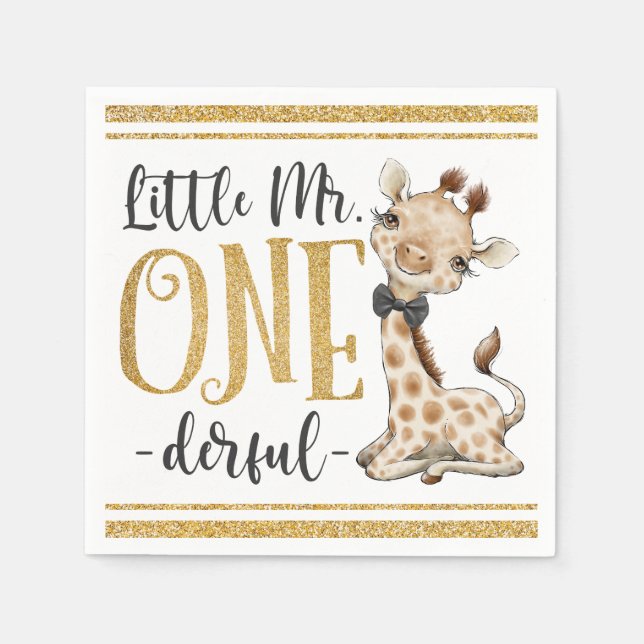 Little Mr. One Derful Cute Giraffe 1st Birthday Na Napkins (Front)