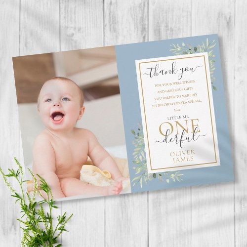 Little Mr ONEderful Blue Boy 1st Birthday Photo Thank You Card