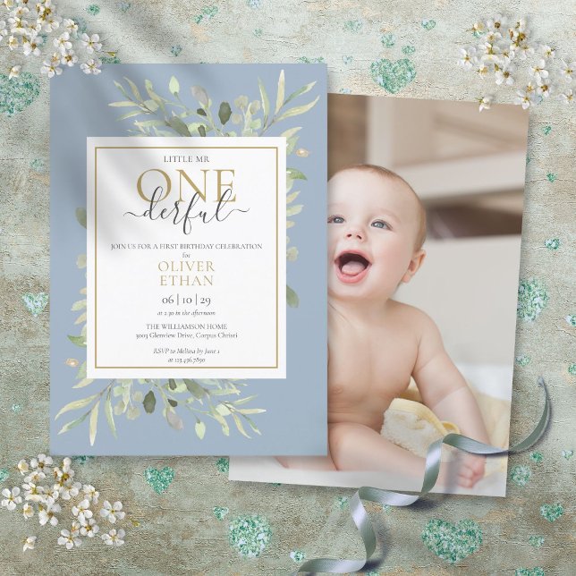 Little Mr ONEderful Boy Blue Photo First Birthday Invitation (Little Mr ONEderful Boy Blue Photo First Birthday Invitation)