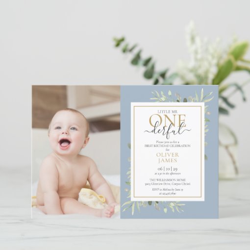 Little Mr ONEderful Photo Blue Boy First Birthday Invitation | Zazzle