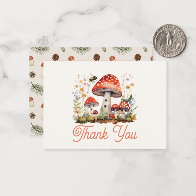 Little Mushroom Baby Shower Thank You Note Card (Front/Back In Situ)