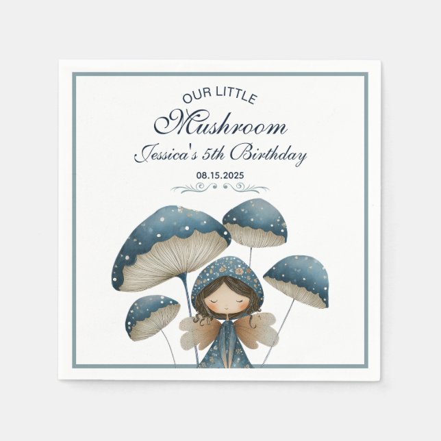 Little Mushroom Blue Fairy Kids Birthday Party  Napkins (Front)