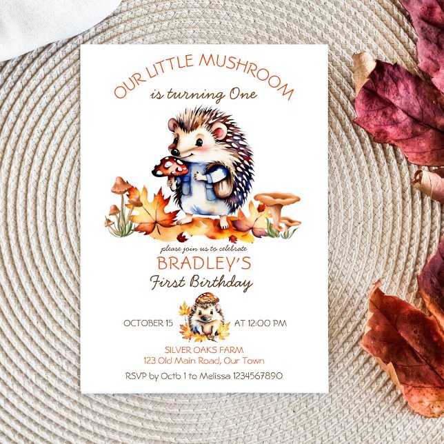 Little mushroom cute hedgehog mushrooms birthday invitation (Little mushroom birthday party template invitation instant download cute hedgehog with mushroom fall)