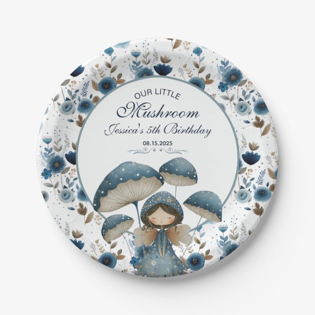 Little Mushroom Fairy Blue Kids Birthday Party  Paper Plates (Front)