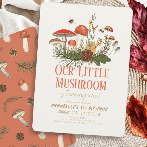 Little Mushroom Fall Autumn 1st Birthday Invitation