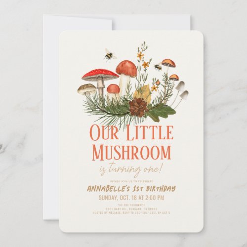 Little Mushroom Fall Autumn 1st Birthday Invitation