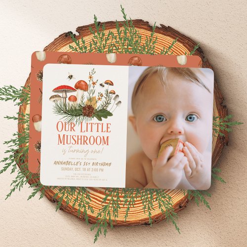 Little Mushroom Fall Autumn 1st Birthday Photo Invitation