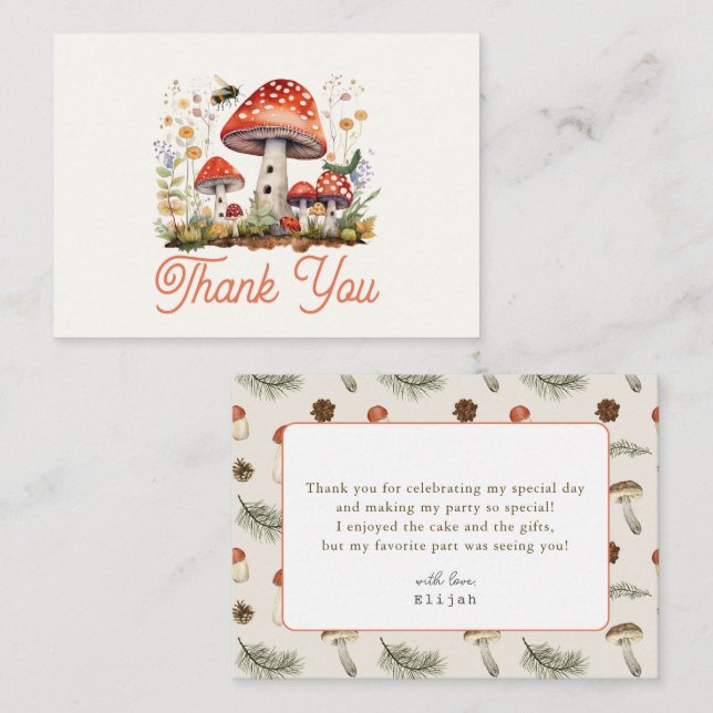 Little Mushroom Floral Bee Birthday Thank You Note Card (Front/Back)