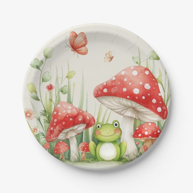 Little Mushroom Toadstool and Frog Baby Shower Paper Plates (Front)