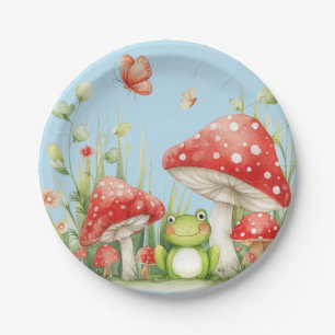 Little Mushroom Toadstool Frog Blue Baby Shower Paper Plates