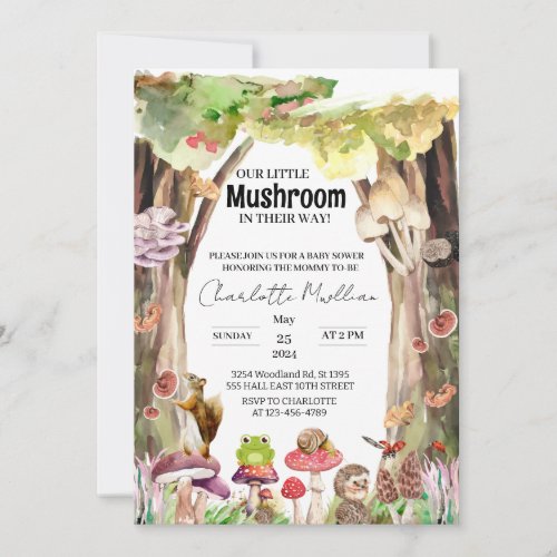 little mushroom woodland forest baby shower invitation