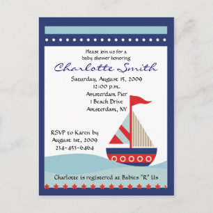 Little Navy Blue Sail Boat Baby Shower Invitation Postcard