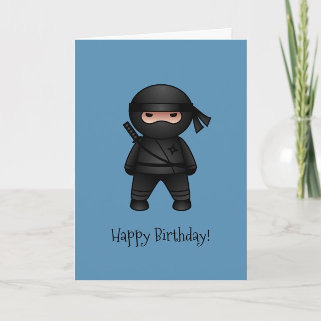 Little Ninja on Blue Happy Birthday Card (Front)