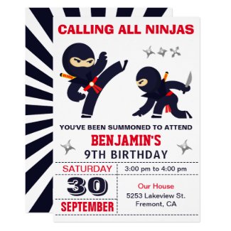 Little Ninja Warrior Kids Birthday Party Invitation