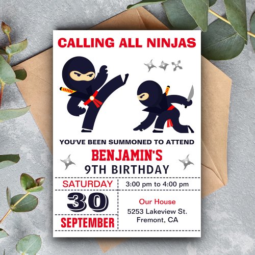 Little Ninja Warrior Kids Birthday Party Invitation