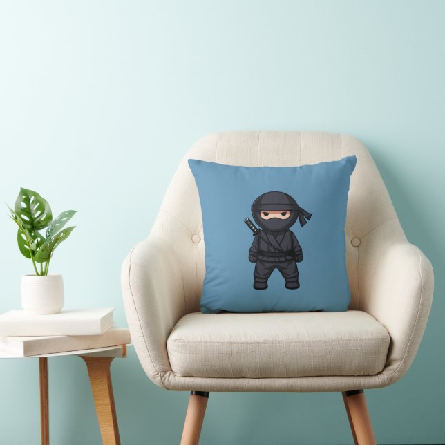 Little Ninja Warrior on Blue Throw Pillow (Chair)