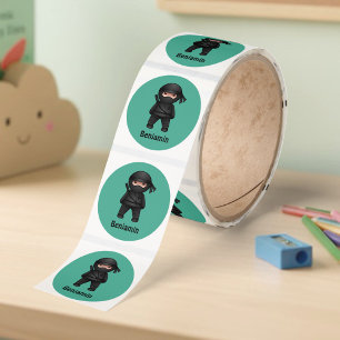 Little Ninja Warrior on Green Custom Name Classic Round Sticker