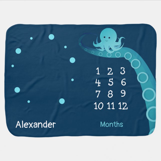 Little Octopus Blue Animal Monthly Milestone Baby Blanket (Horizontal)