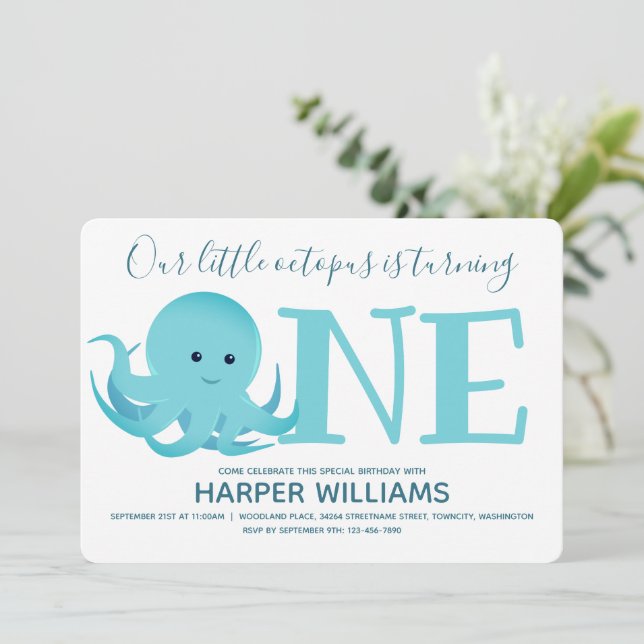 Little Octopus Turning One Animal First Birthday Invitation (Standing Front)