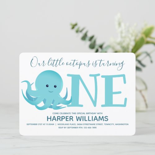 Little Octopus Turning One Animal First Birthday Invitation