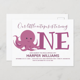 Little Octopus Turning One Animal First Birthday Invitation Postcard
